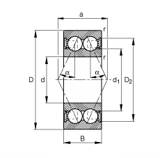 角接觸球軸承 3802-B-2RSR-TVH, 雙列，雙側(cè)唇密封，接觸角 α = 25°